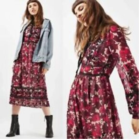 Topshop Dresses & Skirts - TopShop Boho Floral Print Embroidered Midi Dress Size 4
